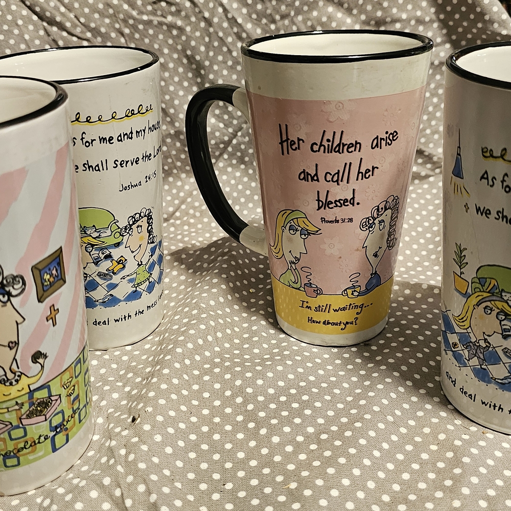 Pink Cartoon Scripture Ceramic Coffee Mug with Black Handle Set Of 4